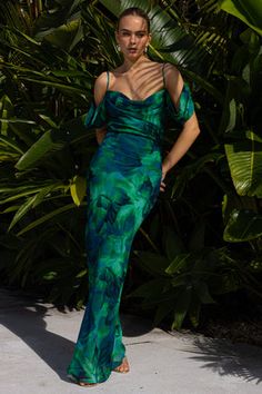 LITSA MAXI DRESS - CALISTA GREEN Draped Sleeves, Runaway The Label, Drape Sleeves, Backless Maxi Dresses, Sling Dress, Cowl Neckline, Plant Print, Care Label, Invisible Zipper