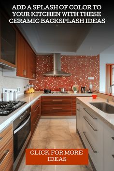 a kitchen with wooden cabinets and white counter tops, is featured in the ad for this website