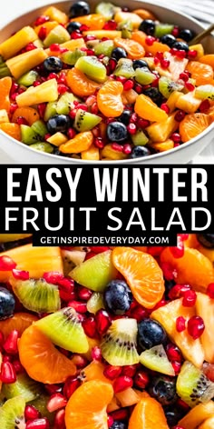 a bowl filled with fruit salad next to another bowl full of fresh fruits and vegetables