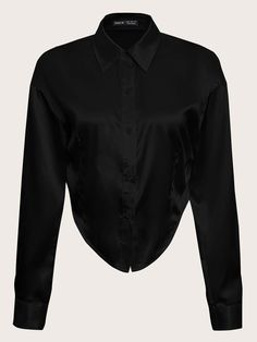 Preto elegante Collar Manga Comprida Tecido Simples Camisa Embellished Elasticidade Baixa Primavera / Outono Solid Collared Tops For Night Out, Solid Collared Shirt For Night Out, Collared Shirt For Night Out, Black Button-up Party Top, Black Button-up Shirt For Evening, Black Button-up Top For Party, Evening Collared Tops For Fall, Collared Evening Tops For Fall, Collared Tops For Evening Wear In Fall