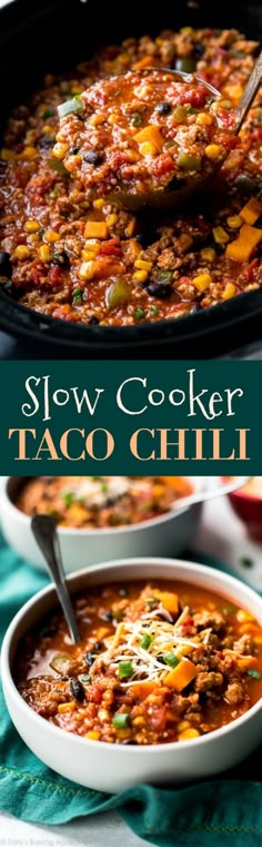 slow cooker taco chili in a white bowl with a spoon on the side