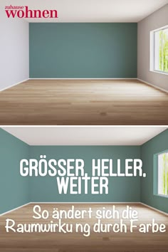 an empty room with green walls and wood flooring is shown in two different ways