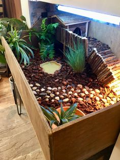 a wooden box filled with plants and rocks