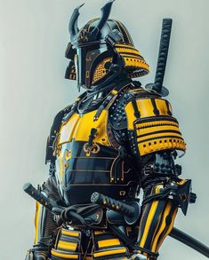 a yellow and black robot standing in front of a white background