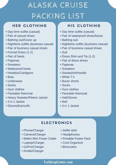 the alaska cruise packing list is shown in blue and white, with information on it