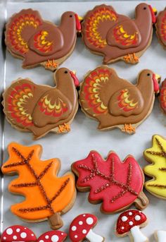 several pictures of decorated cookies with autumn leaves and turkeys on them, all in different colors