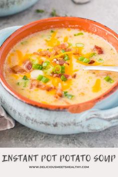 this instant pot potato soup is loaded with bacon, cheese and green onions it's ready to be eaten