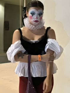 Lets bring back this makeup style? #Clowncore #clownmakeup #clowngirl #halloween2023 Pierrot Clown Costume Makeup, Cute Black And White Clown Makeup, Easy Clown Costume Diy, Peridot Clown Costume, Diy Clown Outfit, Simple Cute Clown Makeup, Periott Clown, Pierrot Clown Makeup, Soft Clown Makeup