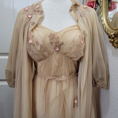 Hollywood Glam- Unique Vintage 2 Piece Set Sleep Wear. Elegant And Sexy! Sheer With Attached Lining On Both Pieces. Pink Lace With Flowers Around Gown Collar And On Slip Dress. Gown Has Balloon Sleeves With Elastic On Cuffs,. 2 Morther Of Pearl Look Buttons On Front Neckline For Closure Also Can Be Worn Open. Gown Drapes When Worn Just Beautiful, Excellent Details 100% Nylon Armpit To Armpit: 19.5" Back Neck To Hem:43" Long Slip Dress- Pleated Strap, Pleated On Waist, Double Loop Tie Can Be Tied On Front Or Back Armpit To Armpit: 17" Waist: Has Thin Elastic, Has A Little Stretch . I Measured The Waist With The Stretch 15.5" Front Measurement Safari Princess Aesthetic Outfits, Princess Nightgowns, Pearl Look, Night Gown Dress, Lace Made, Long Slip Dress, Long Slip, Dress Pleated, Sleep Wear