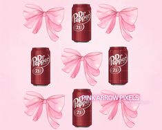 six cans of dr pepper with pink bows on the top and bottom, all in different positions