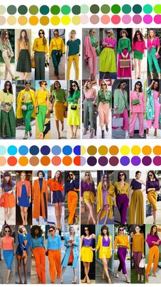 many different colors of clothing are shown in this collage, including yellow and green