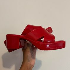 In The Color Red Brand New In Box Red Closed Toe Platform Sandals, Chic Red Platform Sandals, Retro Red Sandals For Summer, Casual Red Jelly Sandals With Round Toe, Red Platform Sandals With Block Heel, Red Round Toe Jelly Sandals Casual, Retro Red Heels For Summer, Retro Red Sandals For Spring, Red Round Toe Jelly Sandals For Beach