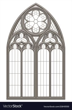 an image of a gothic style window with stained glass in the front and side panels