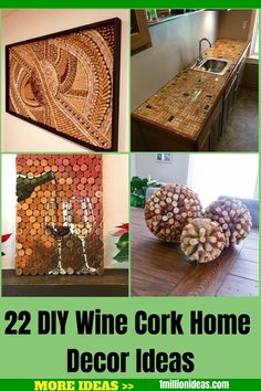 wine cork home decor ideas for the kitchen and living room with pictures on it, including an art piece