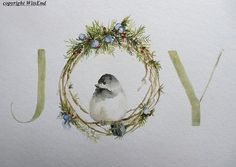 a watercolor painting of a bird in a wreath with the word joy written below it