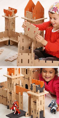 two pictures of children playing with wooden blocks and building castle structures in the shape of castles