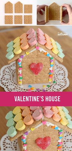 a gingerbread house with hearts and candy on the roof is made out of cardboard