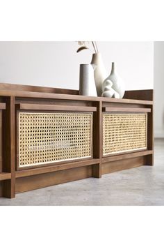 Solid Teak and Canework TV Unit | Tikamoon Roots | Woodfurniture.com Tv Wall Panel, Raw Wood Furniture, Wood Tv Unit, Modern Tropical House, Simple Tv, Diy Salon, Tv Bank, Tv Bench, Storage Furniture Living Room