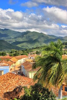 the mountains are in the distance with houses and palm trees