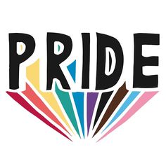 the words pride are painted on top of each other in black and rainbow colors, as well as an arrow