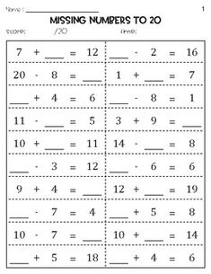 the missing numbers to 20 worksheet is shown in black and white, with an addition