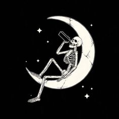 a skeleton sitting on the moon holding a telescope