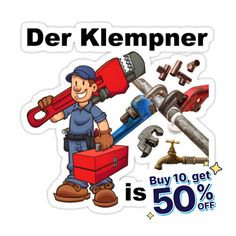 a sticker with an image of a plumber holding a wrench and tools