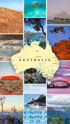 australia collage with images of the country's coastlines and water, including mountains,