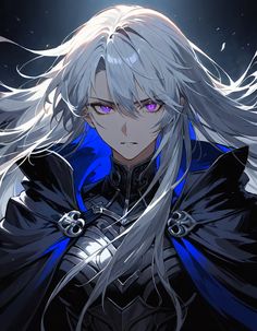 an anime character with long white hair and blue eyes, wearing a black outfit in front of a dark background