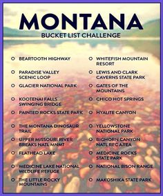 the montana bucket list is shown in blue and white with red berries on it's bottom