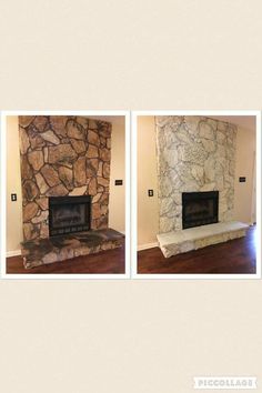 two pictures of a stone fireplace with wood flooring and walls in the same room