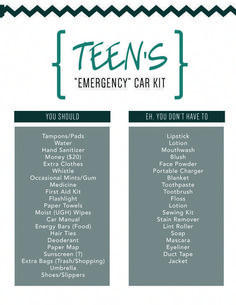 the emergency car kit for teens is shown in green and white, with instructions on how to