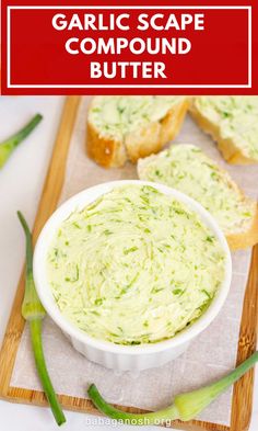 garlic scape in a white bowl with bread on the side