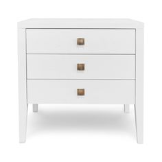 a white nightstand with two drawers and gold handles