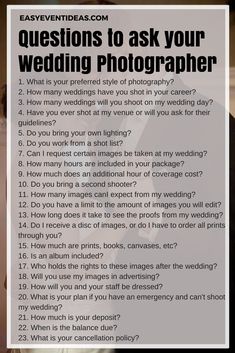 a poster with the words questions to ask your wedding photographer