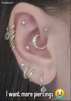 an ear with five different types of piercings on top of it, and the words i want more piercings