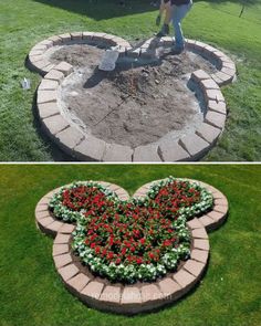 two pictures side by side, one with flowers and the other has a heart shaped flower bed