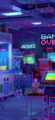 several arcade machines in a room with neon colored walls and flooring that says game over