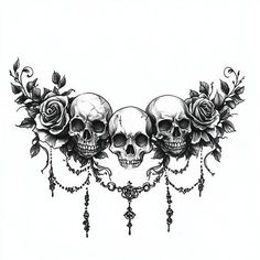 three skulls with roses and chains on their heads are shown in this tattoo art design