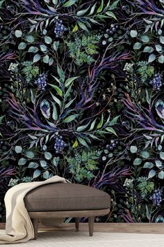 an artistic wallpaper with purple flowers and green leaves on the background is a bench in front of it