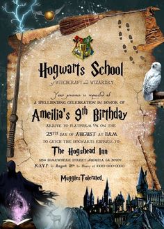 harry potter's school birthday party poster with an owl and hogwarts scroll