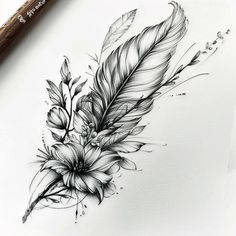 a pencil drawing of a feather and flowers