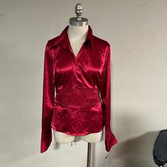 New Red Shiny Collared Long Sleeved Shirt With Back Ties & Flared-Ish Sleeves. Size Xl (Pictures Don’t Do It Justice - Can Provide More Photos Though) Red V-neck Shirt For Fall, Trendy Red Long Sleeve Blouse, Chic Red Long Sleeve Blouse, Fitted Red Long Sleeve Tops, Fitted Red Shirt For Party, Red Shirt For Spring Party, Red Party Shirt For Spring, Red Party Shirt For Fall, Trendy Red V-neck Shirt