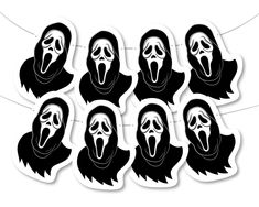 six black and white stickers with the faces of five screamy people wearing masks