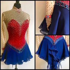 three different views of a dress with beading and ruffles on the skirt