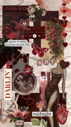 the collage is made up of many different images and words, including roses, hearts,