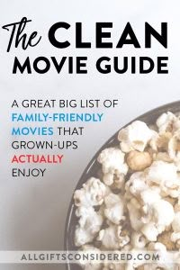 a bowl full of popcorn with the words, the clean movie guide on top of it