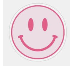 a pink smiley face sticker on a white background