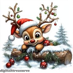 a christmas card with a cute deer on top of a log and ornaments around it