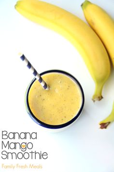 banana mango smoothie with two bananas on the side